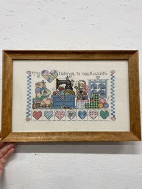 Vtg “My Heart Belongs to Needlework” Cross-Stitch with Frame and Glass, 15.75”
